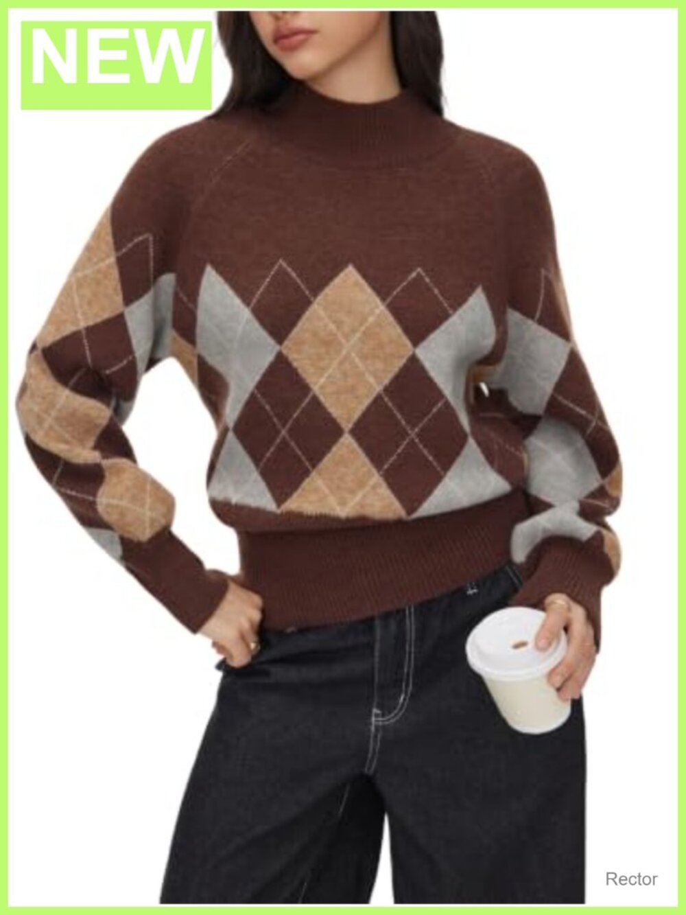 Mock Neck Argyle Knit Pullover Sweater Lantern Sleeves Oversized Fit